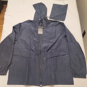 Avoogue Rain Jacket Womens Large Navy Wind Breaker Hooded Zip Front Utility NEW